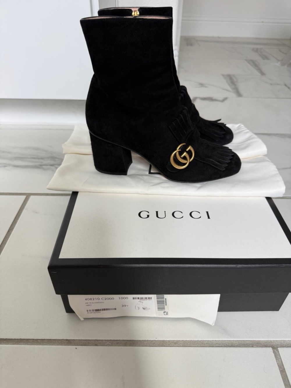 Gucci Black Suede Fringe Ankle Boots with Gold Double G
